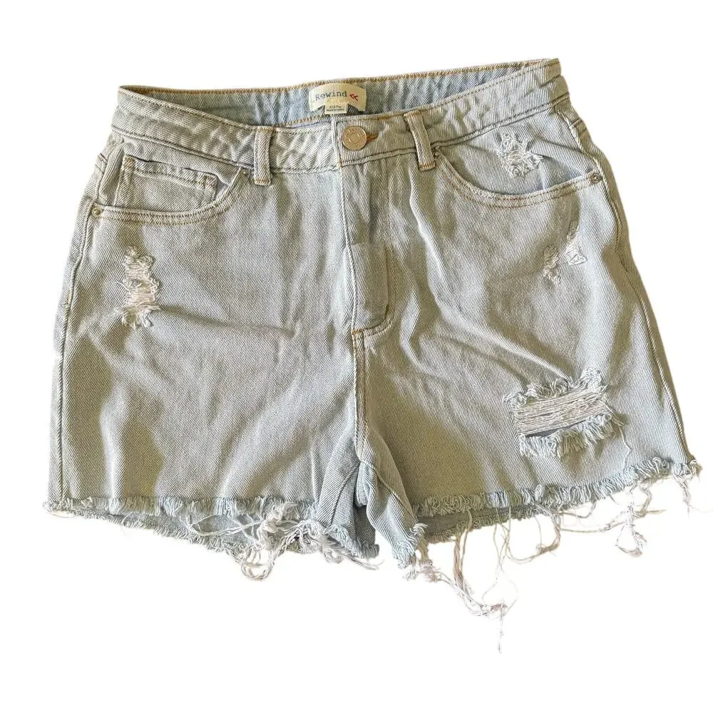 Rewind Distressed Light Wash Denim Shorts Women's Size 5 W27 Raw Hem High Rise